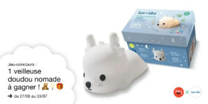 Visuel afin de promouvoir le jeu-concours Abc kidz x Luc et Léa : une veilleuse nomade Eden le petit renne à gagner avant les grandes vacances !